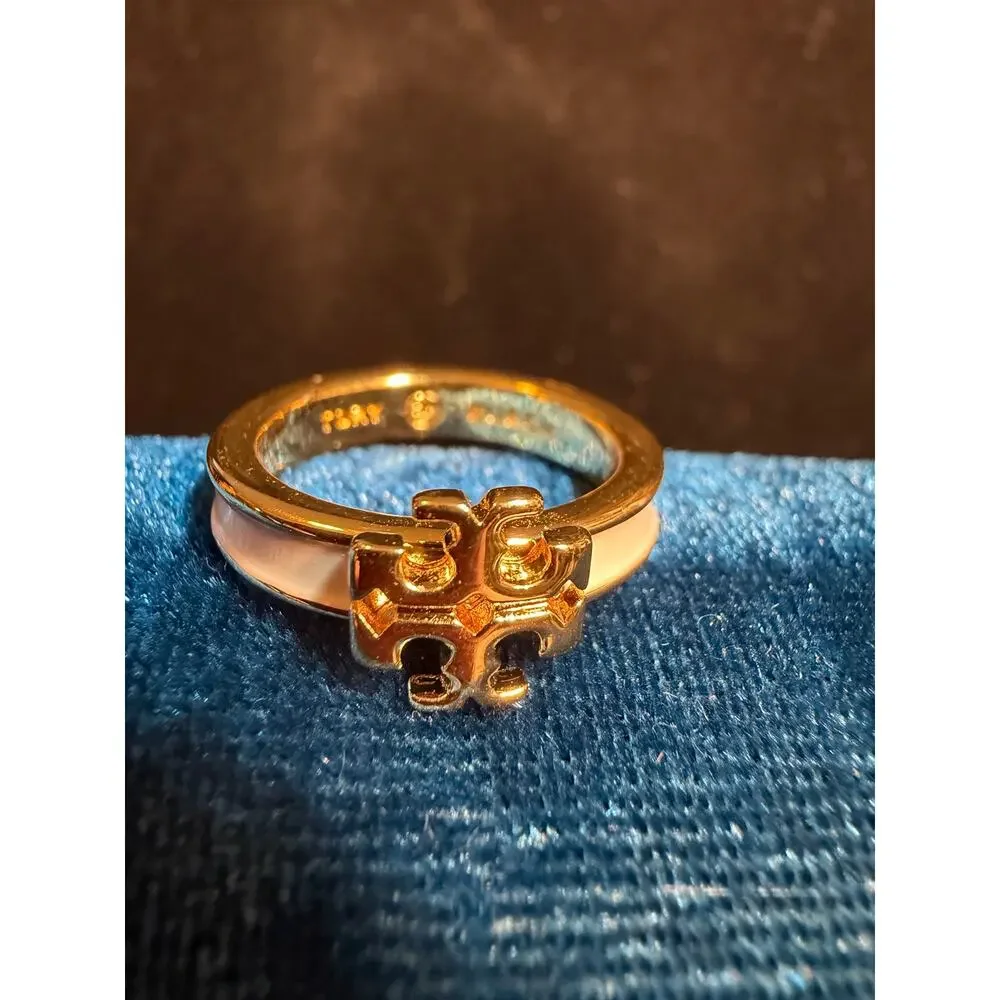 Tory Burch Icon Enamel Ring Gold & White Size 6.5 Double T Logo NWOT